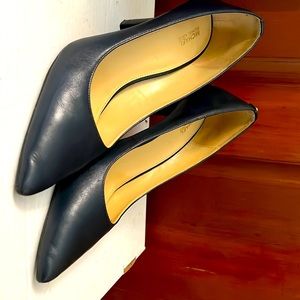 Michael Kors navy blue leather pumps,  3 3/4 inch squared off heel